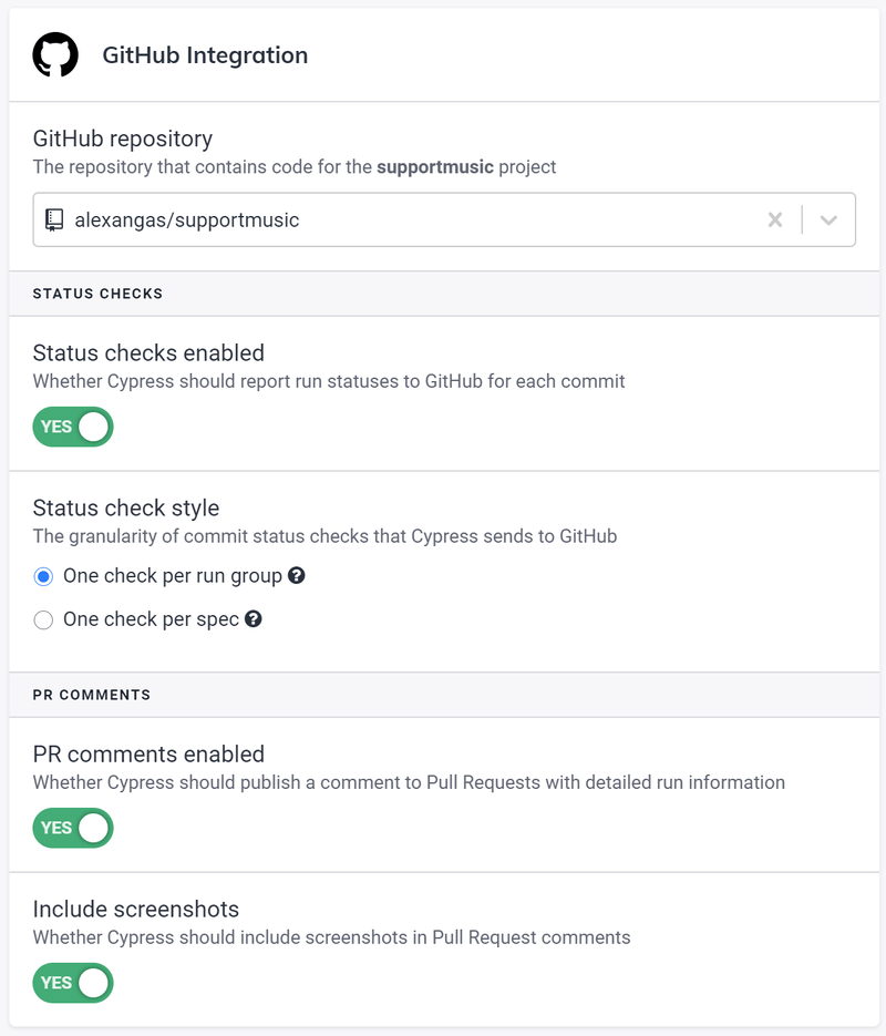 Cypress Dashboard GitHub Integration settings